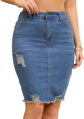 Women's Denim Skirt Stretch Denim High Waisted Raw Hem Above The Knee Pencil Skirt Jean Skirts