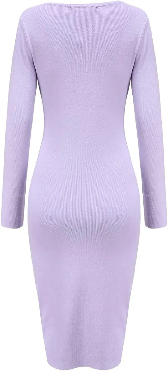 Women's Knee Length Long Sleeve Knitted Ribbed Screw Neck Bodycon Winter Sweater Dresses 2616