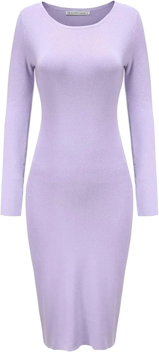 Women's Knee Length Long Sleeve Knitted Ribbed Screw Neck Bodycon Winter Sweater Dresses 2616