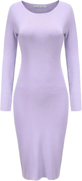 Women's Knee Length Long Sleeve Knitted Ribbed Screw Neck Bodycon Winter Sweater Dresses 2616