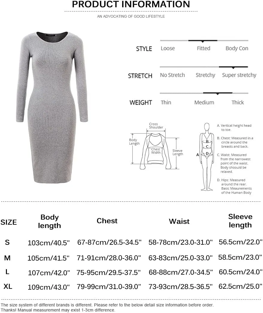 Women's Knee Length Long Sleeve Knitted Ribbed Screw Neck Bodycon Winter Sweater Dresses 2616