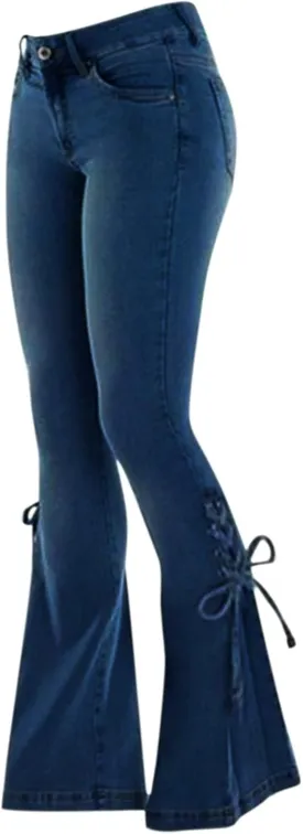 Women's Lace-up Bell Bottoms Mid Waist Stretchy Flare Denim Pants Stretch Vintage Baggy Wide-Leg Trendy Trouser Leggings