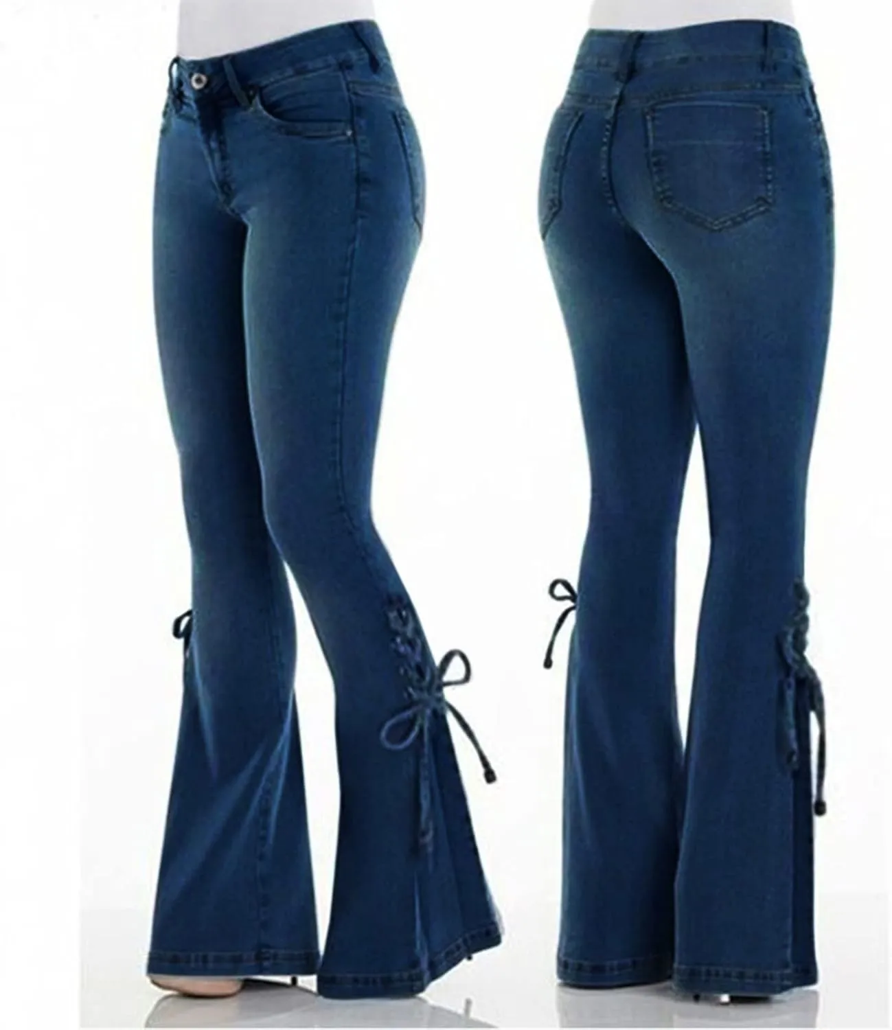 Women's Lace-up Bell Bottoms Mid Waist Stretchy Flare Denim Pants Stretch Vintage Baggy Wide-Leg Trendy Trouser Leggings