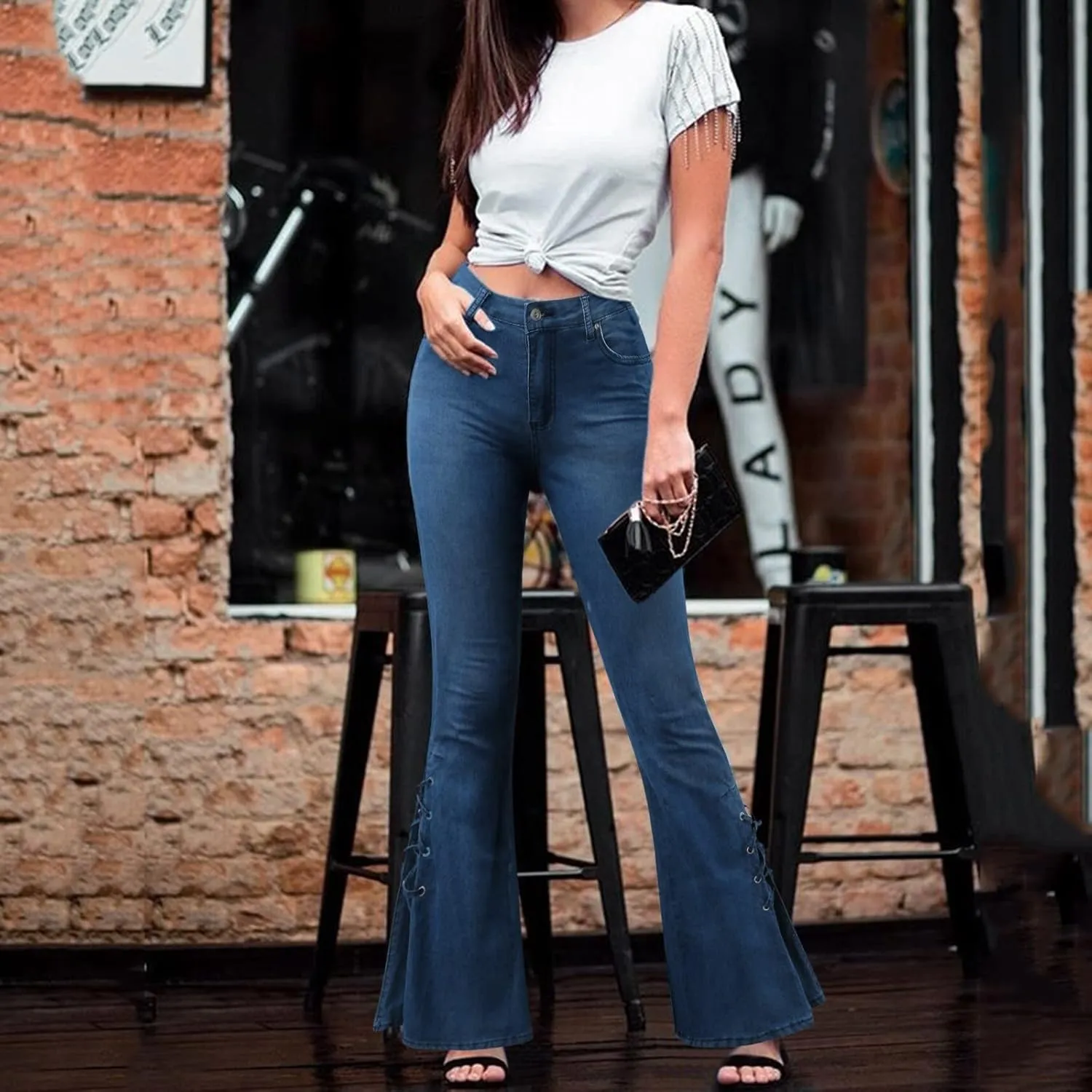 Women's Lace-up Bell Bottoms Mid Waist Stretchy Flare Denim Pants Stretch Vintage Baggy Wide-Leg Trendy Trouser Leggings