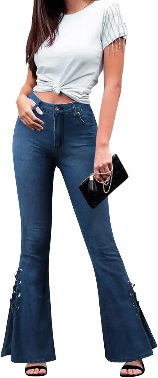 Women's Lace-up Bell Bottoms Mid Waist Stretchy Flare Denim Pants Stretch Vintage Baggy Wide-Leg Trendy Trouser Leggings