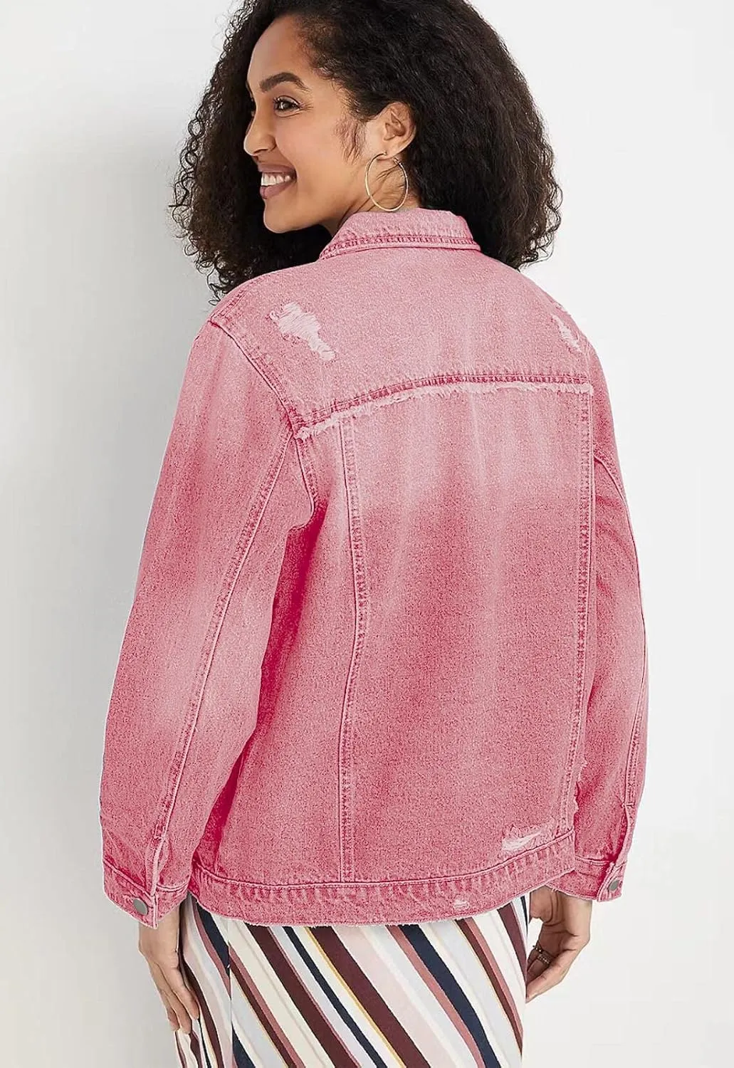 Womens Long Sleeve Washed Button Down Basic Denim Jacket With Pockets
