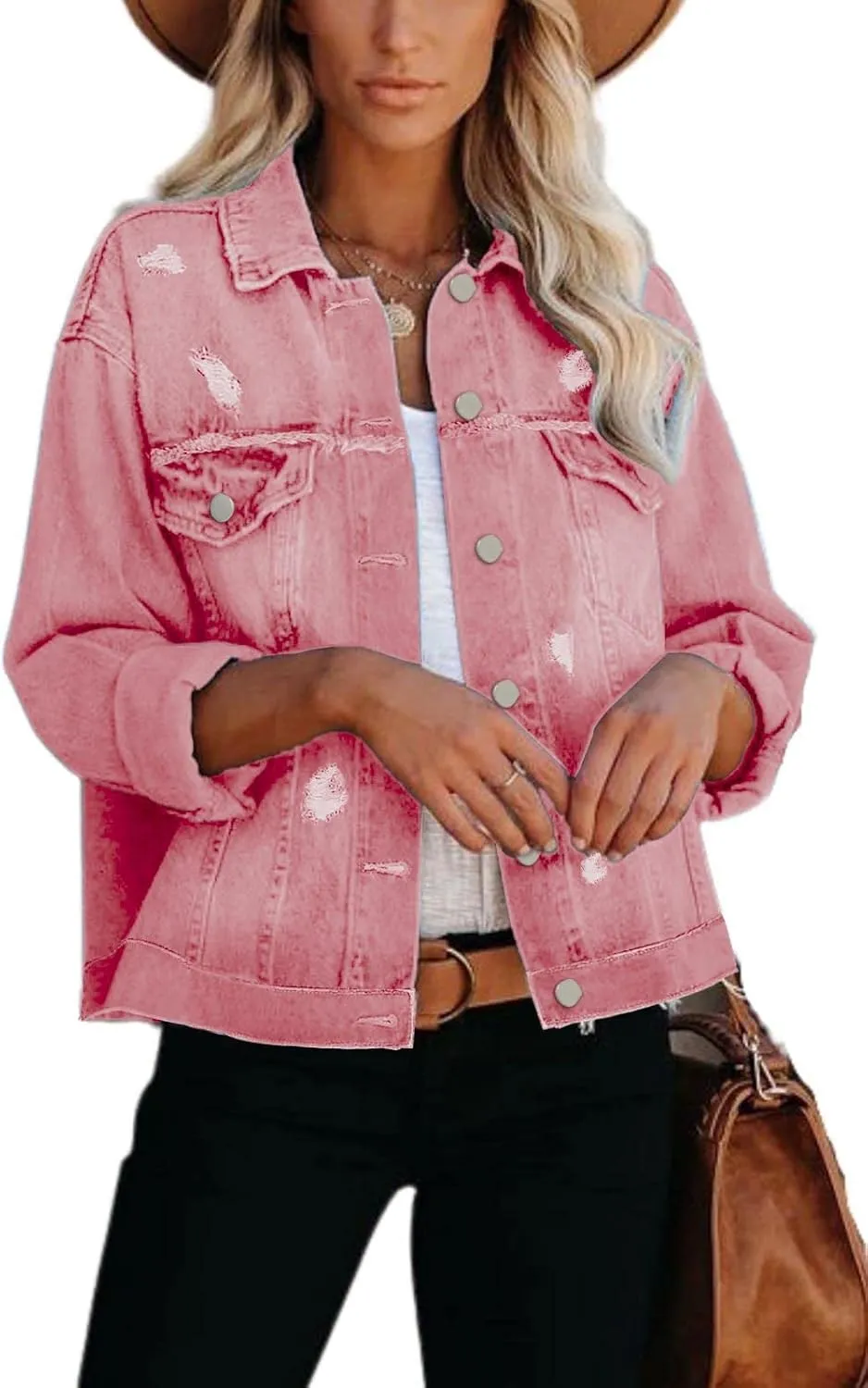 Womens Long Sleeve Washed Button Down Basic Denim Jacket With Pockets