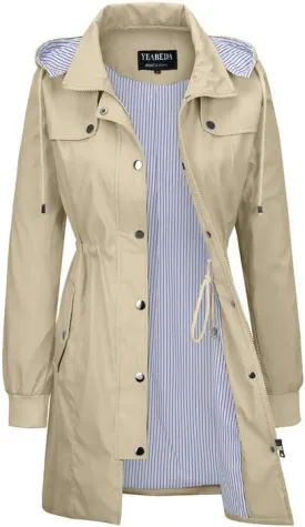 Womens Raincoat Waterproof with Hood Lightweight Windbreaker Rain Jacket Trench Coats Striped Lined